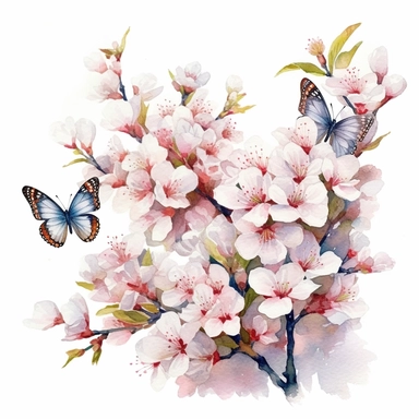 a crisp vivid realistic watercolor painting of a cherry blossom clipart bush with butterflies. white background