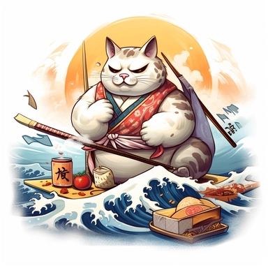 cartoonish clipart, white background, a fat happy japanese samurai cat, surfing on kanagawa, eating sushi, happy dragon in background, japanese letters