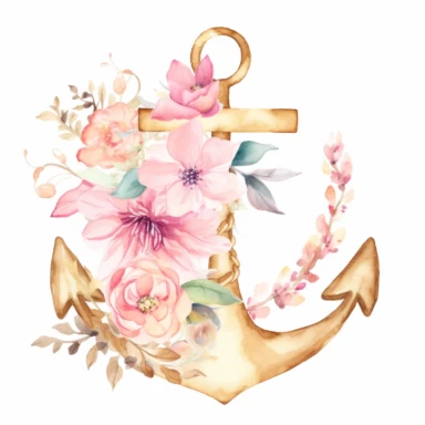 individual Boho Anchor Nautical Clipart watercolor with tropical flowers, in the style of light pink and light gold, digital art techniques, sparkle core, whimsical sculptures, gold leaf and gilding, romantic themes. flowers pink and gold colors clipart in the style of ethereal watercolors, dye-transfer, creative commons attribution, light gold and pink, soft light, gold out line , white background, bronze color, white background