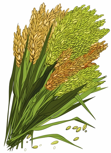 a bunch of green rice, surrounded by clipart leaf clipart, in the style of gene luen yang, realistic brushwork, light yellow and amber, simplified line work, françois boquet, realistic detail, stock photo