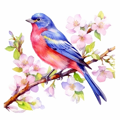 Painted Bunting sits on a sakura branch on a white background, illustration in watercolor style, drawing done in professional glazing technique, expressive details, realistic drawing technique, saturated colors, harmony with nature, pronounced contours, clipart, a masterpiece, white background