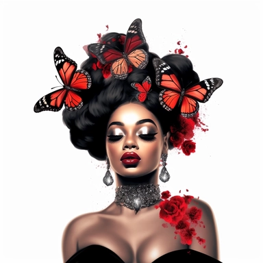 ???????? African American baddie, fashion icon, sublime, full glam, gems, diamonds, butterflies, clipart, white background, ar 9:16