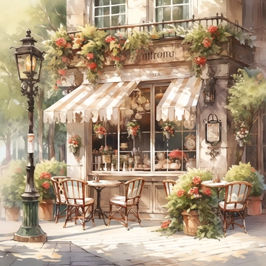 watercolor image, imagine a captivating cafe set in a charming European city. The cafe stands on a stone-paved street decorated with vibrant flowers and elegant lampposts. Its exterior is decorated with trailing ivy and blooming window boxes. Outside, tables with white tablecloths and mismatched chairs are scattered on the paved patio. Customers leisurely enjoy their drinks, lounging in the warm sunlight under colorful umbrellas. Through the large windows of the cafe, you can glimpse an inviting