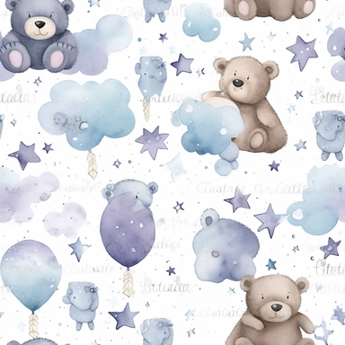 clipart photoshop hand painted watercolor seamless pattern on white background featuring clouds, stars, and cute bears in blues and greys in this style and color