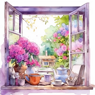 watercolor, hyper realistic, white background, white margins, 16k, ultra detailed clipart, cut out image, hand-drawn a kitchen window overlooking a vibrant garden, with pink and purple flowers in full bloom. in the style of colorful ink wash paintings, charming character illustrations, piles/stacks, creative commons attribution, digital painting, barroco