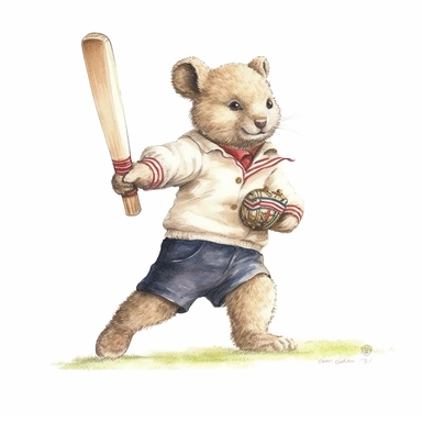 cute teddy bear wearing vintage cricket clothes and playing cricket on a cricket field on a great sunny day in England. Sublimation graphics, by Beatrix Potter, Watercolor clipart, single design, print on demand image, no watermark, PNG transparent background, white background, 8k