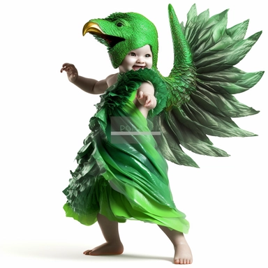 green baby girl Godzilla, looks like an alien, doing high step dance moves, wearing a designer dress made from Phoenix feathers , ultra high fashion, wearing ruby neck scarf, techno lighting, disney cuteness, plain white background, cutout clipart