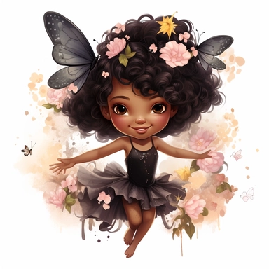 magical black little girl, fairy wings, clipart, disney style, white background , flying above flowers