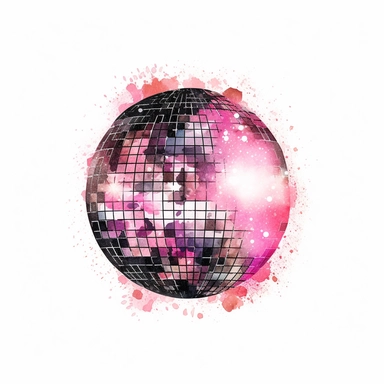 watercolor pink and black disco ball drawing, illustration clipart, high detailed, white background, digital art