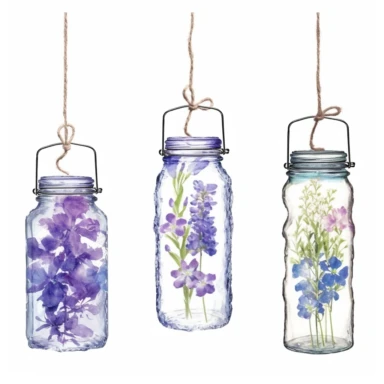 Design a dreamy watercolor clipart of a Violet Floral Flower-filled glass vases or jars hanging from shepherd hooks for an outdoor ceremony composition, with soft and graceful brushstrokes in a delicate color palette in shades of purple, blue, or white. Infuse the artistic style of Serenity Blooms Watercolors for a serene and calming depiction. isolated on a white background, 8k uhd, designed by Ana Victoria Calderon and Holly Exley,