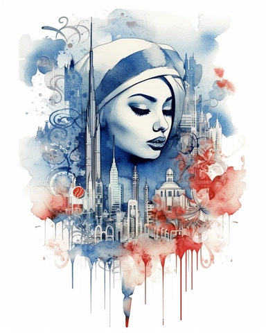 watercolor promotional print for the city of Dubai depicting the essence of the United Arab Emirates soul, dreamlike, clear individual recognizable elements, inspired by line art in blue, black and red color, clipart, on white background