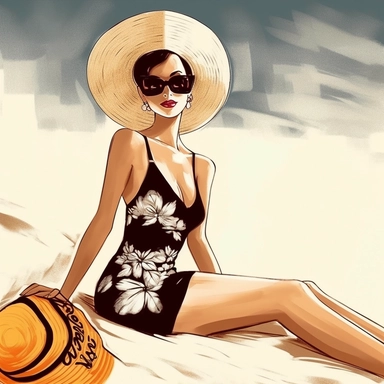 portrait view, full view, clipart illustration, beautiful lady sunbathing on beach, exact image, sharp focus, high detail, (--iw 5)