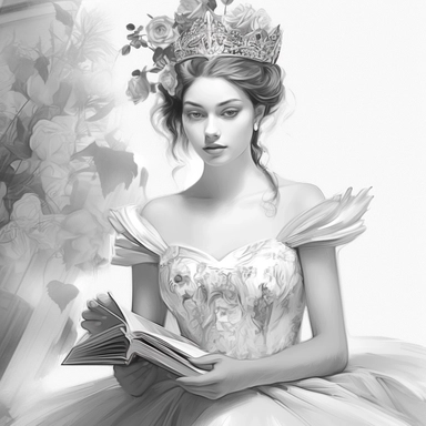 Ladies portrait mixed with colouring book details, white dress, studio light, blurred background, front view, photorealistic, hyper realism art, Face is focus, Sharp details, princess, hyper realism art, shutter speed, Face is focus, Sharp details, simple black and white clip art, Silhouette crisp line coloring page for adults, happy Fantasy Fairy girl on white elegant princess dress, surrounded by tropical flowers and animals,symmetrical head, center of frame, perfect detailed face portrait-fan