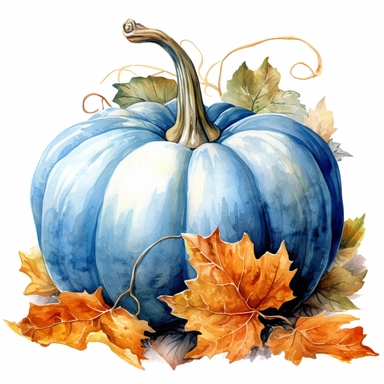 watercolor hyper realistic vintage fall autumn blue pumpkin clipart, fantasy style, photorealistic, realistic still life style, detailed watercolor style, on white background