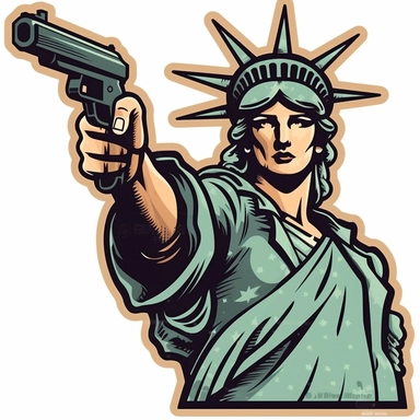 a shotgun pointing at the statue of liberty who has her hands in the air in surrender clipart sticker