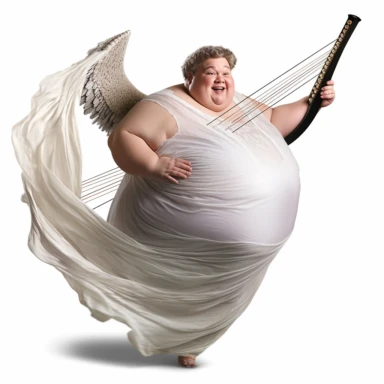 clipart, hyper realistic, obese Angel flying with harp