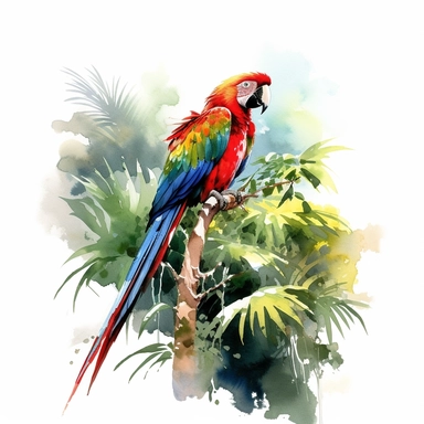 A Parrot sitting proudly on a branch in the forest, looking off into the camera, with a few tropical plants and leaves framing the scene, vivid colors, watercolor by Thomas W. Schaller, clipart, solid background, no watermark, 8k