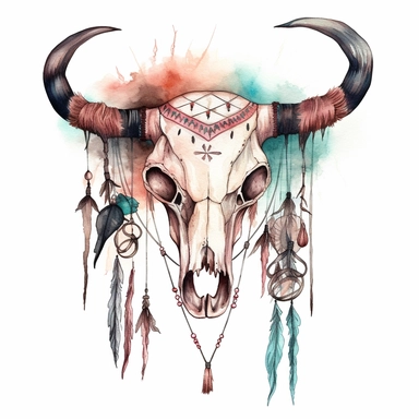 a clipart image of a boho bull skull with feathers hanging from it by strings in the style of watercolor and ink, pastel colours