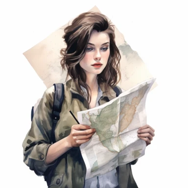 Girl reading maps, planning their route and navigating their way through the wilderness, detailed face, pastel colors, white background, watercolor splash, fashion illustration, clipart, by Jack Hughes