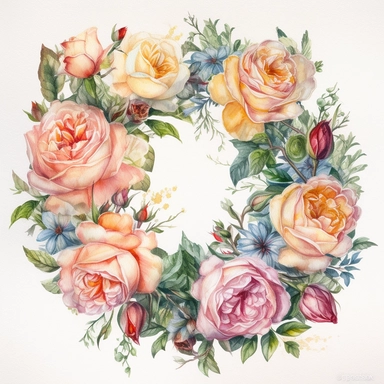 Watercolor Painting of beautiful multi - headed Rose Wreath FLOWERS on white background DETAILED ILUSTRATION, Flora Design Patterns, Flemish Baroque by Rachel Ruysch, Behance, Rococo, Intricate Detailed, Soft Light Effect, Oil Paint Strokes, Light Academia Aesthetic Flowers, Lighting cinematic, all shown shimmering stamens, tyndall light, texture, colorful, 8k, fantasy, ray tracing, vivid, spectacular lighting, octane rendering, highly detailed, ultra - realistic, white background, clipart