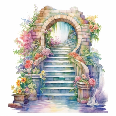 clipart, watercolor stair leading toward a waterfall, in the style of intricate, delicate flower and garden paintings, stone, rough clusters, small brushstrokes, arched doorways, colorful gardens, white background