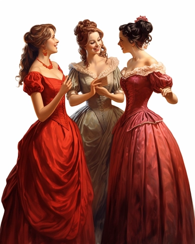 detailed happy beautiful lady , dressed in a red victorian vintage dress talking to other happy ladies, hyper realistic, 8k, isolated on white backgorund, clipart