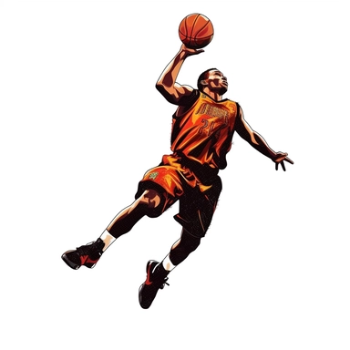 Clipart a basketball player in a jump scores a ball into the basket. On a white background without shadows.