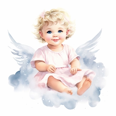 delightful watercolor image, full body cute newborn baby angel girl on white background, she is sitting on a cloud in pink dress and smiling gently. She has sparkling blue eyes twinkled with wonder and blond curls on her head, professional watercolor clipart, high resolution