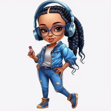 hip hop girl, connected her phone to headphones, high heels, blue jeans, Coiled Bun, clipart, transparent, wearing jewelry, clip art, as a Inspired Chibi and Kawaii Style