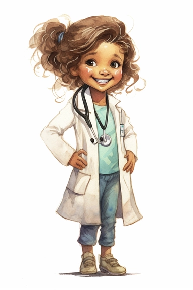 happy cute little girl 5 years old, doctor, folk art, watercolor, clipart elements, smooth gradients, black contour outline, ultra detailed, minimalistic colors, white background, super clear, high quality