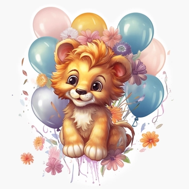 a detailed very colorful vector Clipart image sticker of a beautiful majestic magical floral baby lion holding balloons with a white background, pastel light colors, fall colours, gold ropes, photorealistic,cinematic, Cinematic, Color Grading, Editorial Photography, Photography, Photoshoot, Shot on 70mm, Ultra-Wide Angle, Depth of Field, DOF, Tilt Blur, Shutter Speed 1/1000, F/22, Gamma, White Balance, Neon, Light, Dark, Light Mode, Dark Mode, High Contrast, 5D, Multiverse, 32k, Super-Resolution