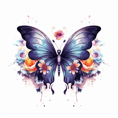 butterfly top of a floral flower with leaves, magical, cosmic nebula, patterned wings, luxury,clipart, white background