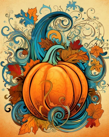 one pumpkin clip art, in the style of collage-style mixed media, bold yet graceful, dr suess colors carsten holler, leaf patterns, edwin lord weeks, hand lettering, michael hutter