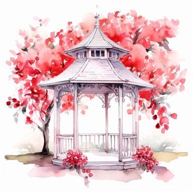 Watercolor Floral Gazebo Clipart, red and pink, white background