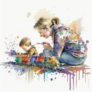 Amazing Mom and Baby playing train Toy, side view in watercolor style clipart, use darker tones, higher saturation colors, watercolor clip art with splashes and drips, super creative watercolor, white background