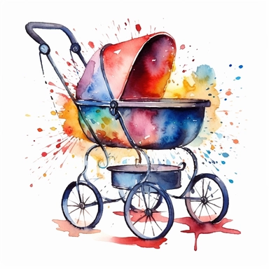 Baby Carriage sharp illustration clipart, watercolor art, insane detail, white background