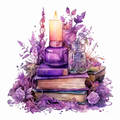Spellbook, in the style of light silver and violet, mysterious and dreamlike scenes, realistic painted still lifes, vibrant watercolors, dreamlike installations, witchy academia, contest winner, watercolor clipart