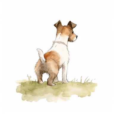 back view full body facing backwards small old thin white jack russell terrier one ear brown, one ear white, brown spot on butt, laying down, on lawn, watercolor, and ink drawing, clipart, happy, gentle smile, beautiful watercolor ink wash coloring, thick pencil lines, Jon klassen, Adrian tomine, popular on etsy, watercolor illustrations clipart, watercolor illlustrations for kids, white background