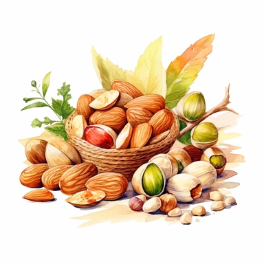 picturesque, simple, bright, the best simple mixed nuts, almond, cashew nut, pistachio, peanut, macadamia nut, in the world, clipart on white background, watercolor, painted by Beatrix Potter, 8k,