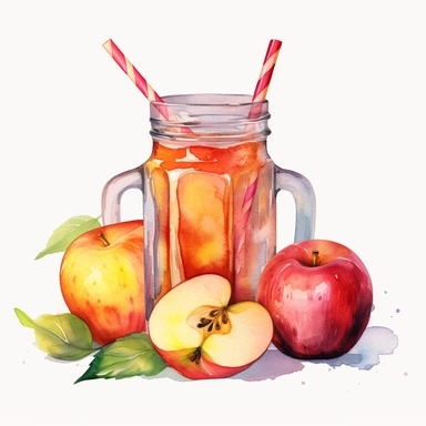 An apple juice bottle or glass with sliced apple and leaves, Watercolor, pastels, clipart, beautiful, colourfull, png transparent white background, high resolution, no caption q4 s2