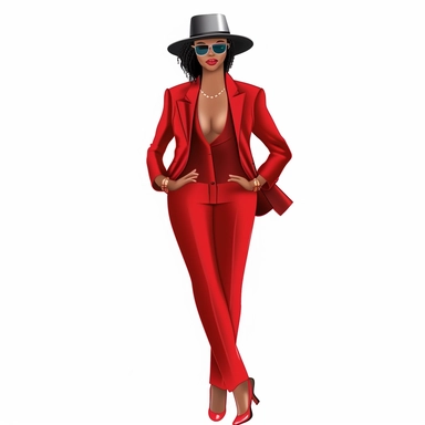 African american women wearing red suit and fedora hat Boss lady clipart modern fashion style anatomically correct realistic isolated white background