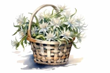 Watercolor , Edelweiss in a Mesh wire basket, clipart, hd, on a white background, spaced out
