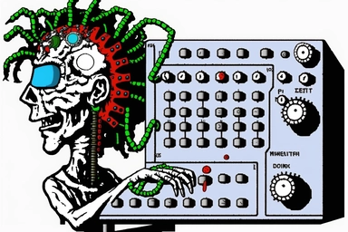 white background 1995 clipart cartoon, cool cigarette dude with giant brain playing a modular synthesizer,
