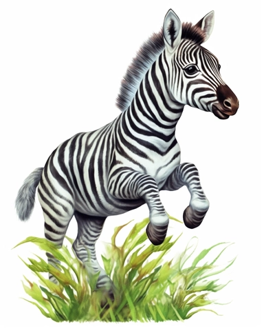 detailed watercolor Baby Zebra jumping on grass , hyper realistic, isolated on a white background, clipart
