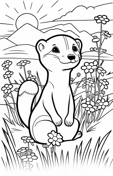 a happy ferret in grasslands, black and white clipart for a kids coloring page, simple and clean, thin line art, accurate features, proportionally sized, illustration style,