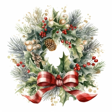 Create a watercolor clipart of a beautiful Christmas wreath adorned with traditional holiday elements like holly, berries, pine cones, and ribbons, on a white background
