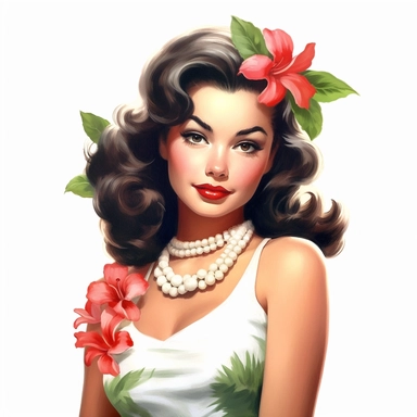 beautiful pretty pin up woman, makeup and hair vintage 50's style, hawaiian flower and dress, paint art style, detail, clipart, white background, superrealistic, one of a kind