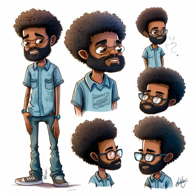 Draymon, 40 year old black man, illustration for children's book, multiple poses and expressions,40 years old, curly black and gray faded flat top afro, large eyes, wearing blue jeans, blue shirt, brown shoes, full beard, full lips, Watercolor Clipart, strybk, full Illustration, 4k, sharp focus, watercolor, smooth soft skin, symmetrical, soft lighting, detailed face, watercolor style, strybk, Octane rendering, 3d. Perfect face, detailed face, delicate face, perfect round lips, detailed eyes. Ghi