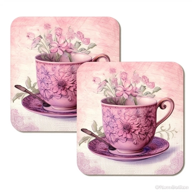 A pair of Victorian-inspired pink teacup coasters, featuring elegant pink lace patterns and vintage pink botanical illustrations. The soft watercolor textures and fine line work in shades of pink make them a charming addition to your tea party-themed artwork. Clipart, watercolor, white background