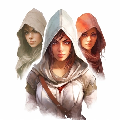 beautiful stunning pretty young woman as assassin creed character, different skin colour and different hair color paint art style, clipart, white background, superrealistic, one of a kind